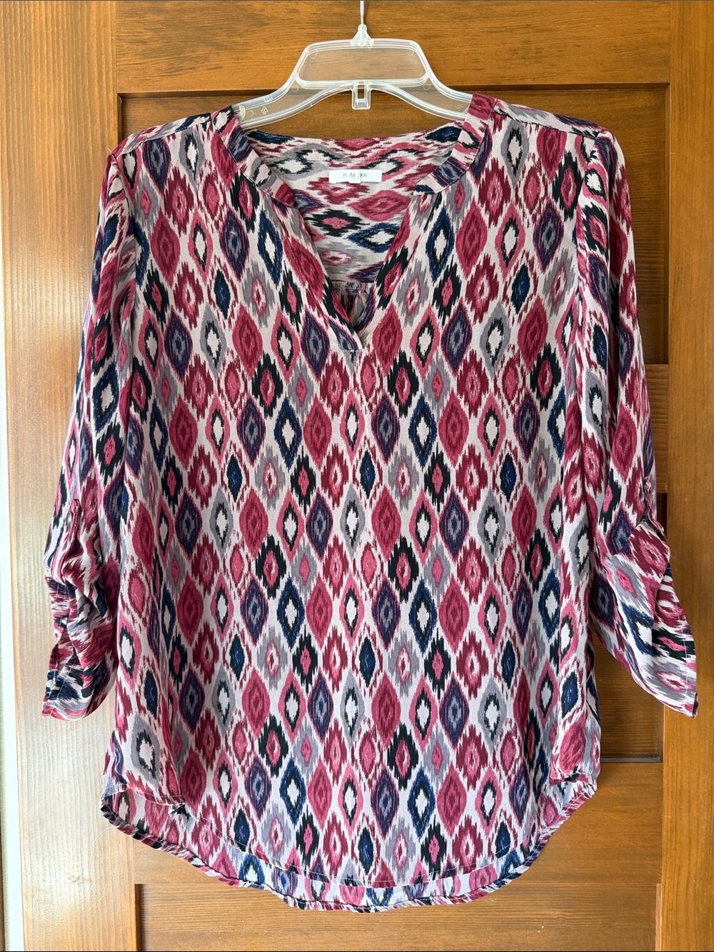 Maurices Pink & Navy Geometric V-Neck Tunic